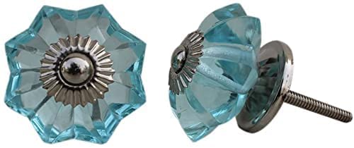 KPAVIR Turquoise Crystal Glass Cabinet Knobs – Decorative Drawer Pulls with Silver Metal Base, Vintage Flower Design for Kitchen Cabinets, Dresser, Wardrobe & Furniture (Set of 6)