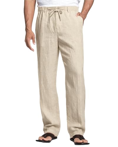 Cegerne Men's Linen Pants Summer Lightweight Casual Elastic Waist Zipper and Drawstring, Breathable Pockets for Beach Vacation Daily Use
