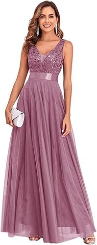 Photo 1 of Mikethon Women's Formal Dresses Long Tulle Evening Gowns Sleeveless A Line Sparkly Sequin Party Guest Homecoming Dress Mauve - L