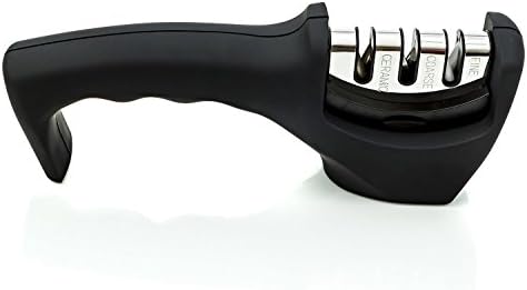 BasicWu Knife Sharpener, 3-Stages Knife-Sharpening System Sharpening Straight Blades for Steel, Emery & Ceramic Knives in All Sizes, Black
