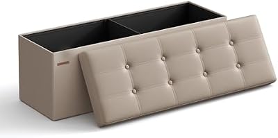 Puff Almacenaje, Baúl de Almacenaje Plegable, 38 x 110 x 38 cm, Taburete Reposapiés, Banco de Cubo, Soporta hasta 300 kg, para Sala de Estar, Dormitorio, Entrada, Marrón Camello LSF070K03