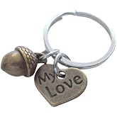 Small Bronze Acorn Charm Keychain with My Love Heart Charm - Peter Pan's Kiss