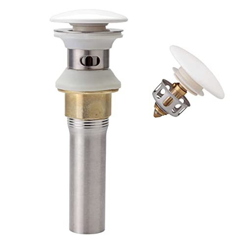 Rockgoya Bathroom Sink Drain,Drain Stopper Bathroom Sink With Overflow,Pop Up Drain Assembly with with Ceramic Cover Basket,Built-in Anti-Clogging Strainer,Stainless Steel Brushed Nickel