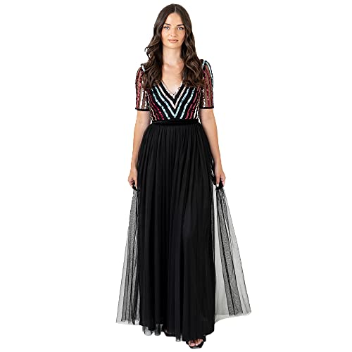 Maya Deluxe Maya Deluxe Maxi Womens Dress Ladies Ball Gown for Wedding Guest Long V Neck Empire Waist Short Sleeve Prom Mesh Black, Vestito formale Donna, Black, 16