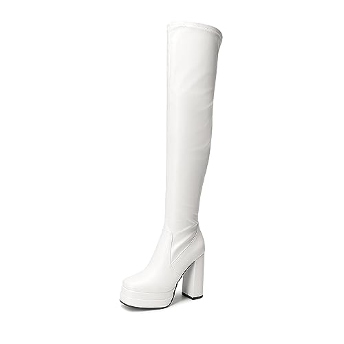 Ellie Shoes Women's Platform Over The Knee Boots - With Decorative Buckles, White