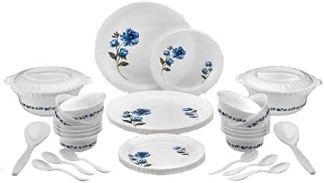 Qromos Microwave Safe, Unbreakable 36 Pieces Printed Round Dinner Set (Blue & White Color)