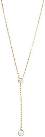 14 Karat Gold Plated Necklace with CZ and Imitation Pearl Drop 16"+ 2" extension