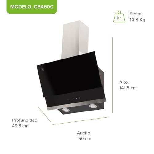 AVERA Campana de Cocina Extractora 60cm de pared, 3 velocidades, Panel táctil, Luz LED, Acero inoxidable y vidrio templado, Filtro de carbón activado y malla metálica lavable | CEA60C