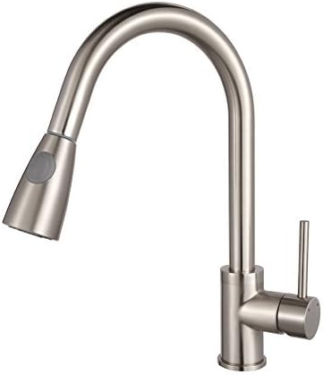 YAJO Modern Swivel Rotating Spout Kitchen Vessel Sink Single Handle Faucet With Pull Out Sprayer, Brushed Nickel Finish