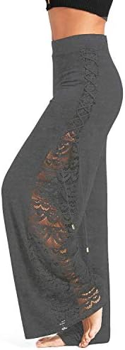 GAMISS Womens High Waist Side Slit Lace Up Wide Leg Lace Panel Long Palazzo Pants