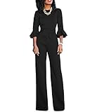 Chic-Lover Womens Solid Flare Sleeves Wide Leg Long Pants Jumpsuits Romper with Belt Black M