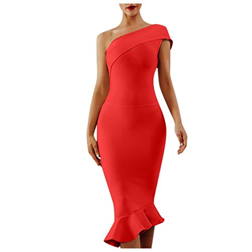 Lutos Women’s Cold Shoulder Mermaid Dress Fishtail Bodycon Midi Cocktail Evening Dress Red