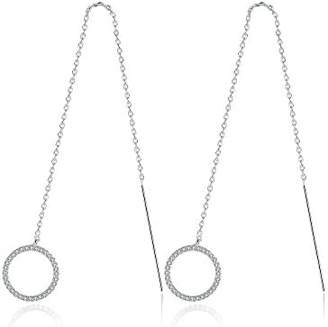 Minimalist Round Hoop Circle Long Dangle Drop Threader Earrings Tassel Silver Tone