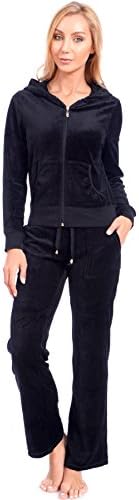 Women's Regular Athletic Velour Zip Up Hoodie and Sweat Pants Set Order 2 Sizes Up Black X-Large