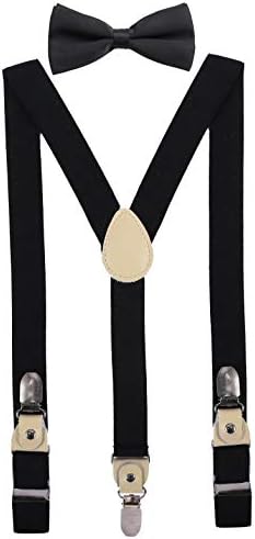 YJDS Men's Boy's Leather Suspenders and Bowtie Set Strong Clips