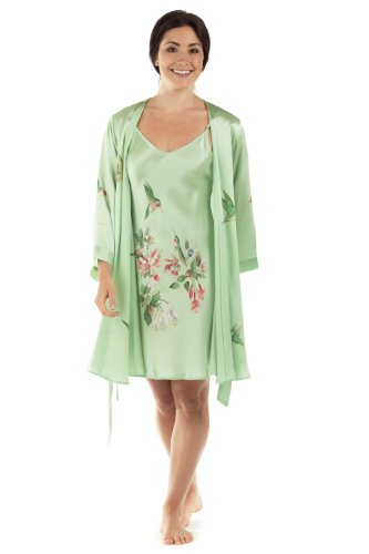 Women's Silk Nightgown Robe Set - Elegant Gifts by TexereSilk (The Hummingbirds, Celadon Green, Small) Top Christmas Gift for Wife Girlfriend WS0602-CDN-S