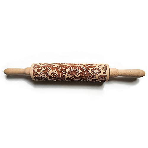 SeaHome Wooden Rolling Pins with Flower Embossing, Paisley Embossed Natural Wood Carved Snowflake Vine Plant Engraved Rolling Pin for Christmas Baking Cookies, Biscuits (35cm / 13.7") - Thumbnail 3
