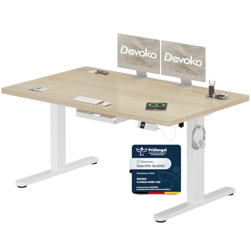 Devoko Höhenverstellbarer Schreibtisch 140x80cm mit Typ-C Ladeanschluss, Schreibtisch Höhenverstellbar Elektrisch, Mobiler Elektrisch Computertisch mi