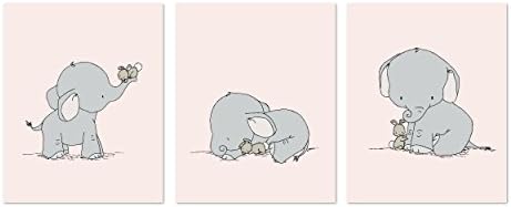 Elephant and Bunny - Set of 3 - Nursery Art Prints - Pink and Gray