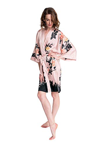 Old Shanghai Women's Kimono Robe Short - Watercolor Floral, Blush Rose- Pink