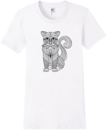 Women's Cat Adult Coloring Book Shirt Color Your Own Tee Zentangle XL White