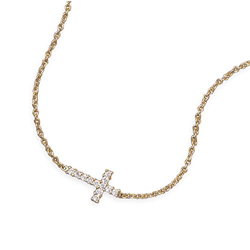Side Set Cross Necklace with Cubic Zirconia CZ 14K Yellow Gold on