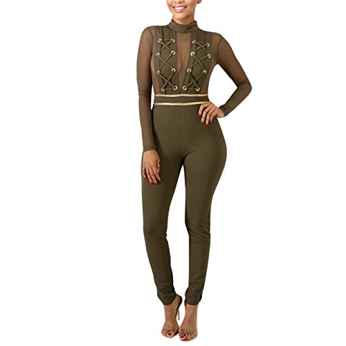 ThusFar Womens Long Sleeve Bodycon Jumpsuits - Sexy Mesh Patchwork Lace Up Romper Army Green Small