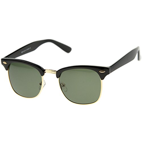 zeroUV - Premium Half Frame Horn Rimmed Sunglasses with Metal Rivets (Black-Gold / Green)
