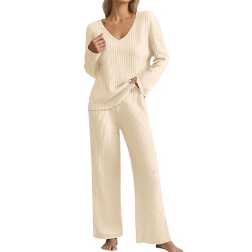 Women's V-Neck Wide Leg Jogger Set - Comfortable Sportswear Two-Piece for Casual Wear Beige