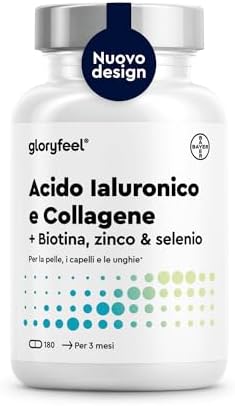 Collagene e Acido Ialuronico Integratore 180 Capsule, + Vitamina C, Biotina, Zinco e Selenio, 1000mg Collagene Idrolizzato + 200mg Acido Ialuronico con Bambù & Silicio