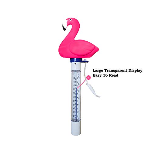 Floating Pool Thermometer, Large Display with String Easy to Read, Shatter Resistant, for Outdoor & Indoor Swimming Pools, Spas, Hot Tubs, Jacuzzis & Aquariums (Flamingo)