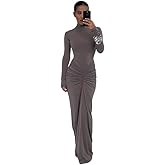 UEHCNFU Womens Sexy Maxi Dress Long Sleeve Ruched Bodycon Turtleneck Club Party Casual Wedding Dresses