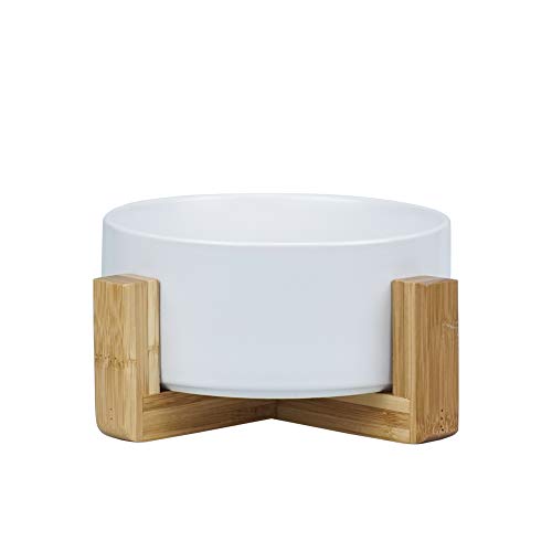 White Ceramic Cat Bowl with Wood Stand No Spill Pet Food Water Feeder