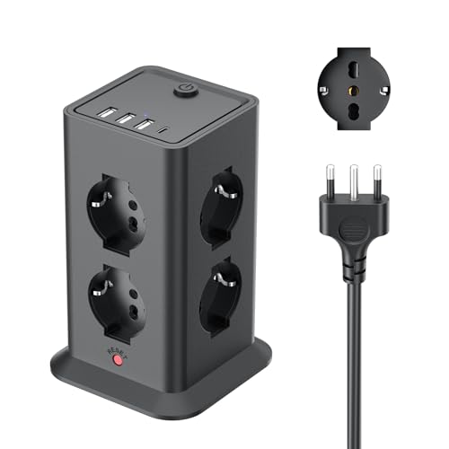 2 M Power Strip with 8 Universal Sockets 10/16A ITA and Schuko and 3 USB A+1 USB C Overvoltage Protection with 1 Switches for Office, Home, 3680 W Electrical Extension Socket, Black | 8 10A/16A AC Prese Multipla, Protezione Sovratensione Prolunga Elettrica,1 Interruttori Torretta Scarpetta Verticale 3680W