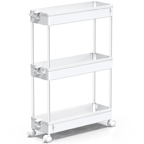 Photo 1 of SPACEKEEPER Slim Rolling Storage Cart, 3 Tier Bathroom Storage Organizer Laundry Room Utility Cart Mobile Shelving Unit, Multi-Purpose for Kitchen Office Bathroom Laundry Narrow Places, White