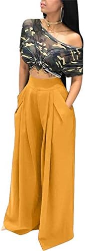 Symina Women's Stretchy Solid Color High Waisted Wide Leg Palazzo Pants with Pockets