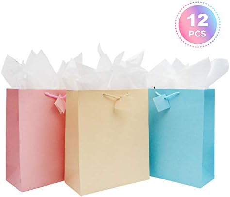 Pastel Color Gift Bags with Tissue Paper 12 Pcs Assorted Premium Large Size Recyclable Party Favor Bags Bulk All Occasion, Easter, Birthday, Wedding, Retail,12.6 x 10.2 x 4.7inch by BllalaLab
