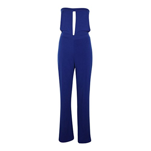 Minisoya Women Cut Out Off Shoulder Strapless Romper Playsuit Casual Solid Backless Wide Leg Jumpsuit Pants Clubwear (Blue, M)
