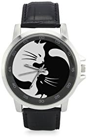 Cute Balck and White cats Yinyang the Eight Diagrams Design Custom Unisex Stainless Steel Leather Strap Watch Metal Case, Tempered Glass, Black Leather Band