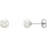 Solid 925 Sterling Silver 5-6mm White Freshwater Cultured Pearl Stud Earrings