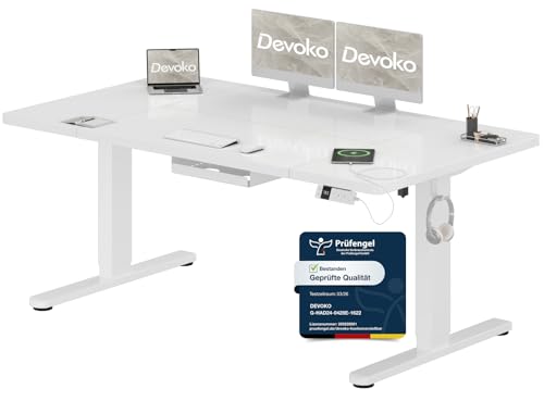 Devoko Höhenverstellbarer Schreibtisch 160x80cm mit Typ-C Ladeanschluss, Mobiler Elektrisch Computertisch mit Kabel Management Tray und 3-Funktions-Me