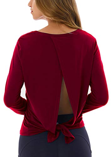 Fihapyli Women's Long Sleeve Shirts Open Back Yoga Tops Workout Tank Tops Backless Yoga Shirt Thumb Hole Active Tops Long Sleeve Workout Shirts Yoga Tee Womens Workout Clothes Activewear WineRed XL