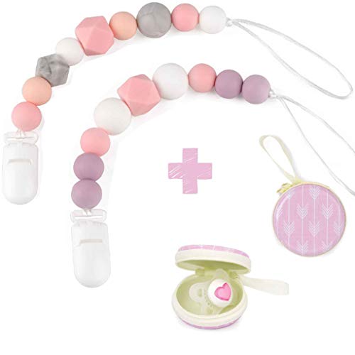 Silicone Pacifier Clip by Dodo Babies Pack of 2 + Pacifier Case, PremiumÂ Teething Bead for Girls Modern Designs Universal Holder Leash for Pacifiers, Teething Toy or Soothie, Baby Shower Gift Set