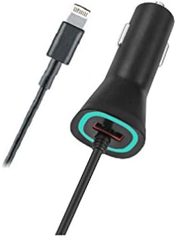 New Rapid Fast Dual USB Car Charger for Apple iPhone 8 8+ X 7 7 Plus 6 6S 6+ 6S+ SE 5 5S iPad Air - 5v=2.4A - Black with Light Blue LED