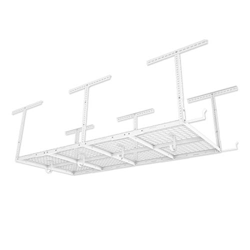 FLEXIMOUNTS 4x8 Overhead Garage Storage Rack w/Hooks Adjustable Ceiling Storage Racks, 96" Length x 48" Width x 40" Height, 22''-40" Ceiling Dropdown, White