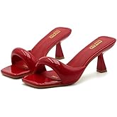 RYNKOMA Women's Leather One Band Square Open Toe Stiletto Slide Sandals Fashion Slip-On Sexy Kitten Heel Mule Sandals Wedding Party Evening Prom Dance Backless Dress Slipper Pump Shoes