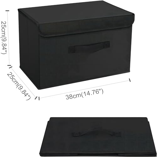 Homsorout Foldable Storage Boxes with Lids - Wardrobe Organiser Bin with Handle Fabric Basket Containers for Clothes, Book, Shelf, Office, Large x2-23.75L, Black