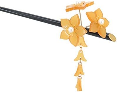 FINGER LOVE Geisha Hair Stick with Acrylic Peach Flower Cluster and Tassels (Yellow)