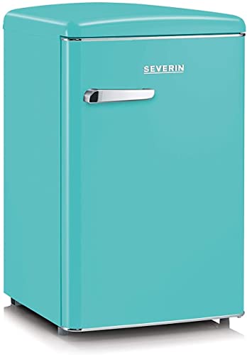 SEVERIN Retro-Tischkuehlschrank, inkl. platzsparender Kuehloption, 2 x hoehenverstellbare Abstellflaechen, integriertes Gefrierfach, extrem leise - 37 dB, 108 L Nutzinhalt, tuerkis, RKS 8834