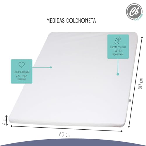 CARY | Colchón para Cuna Viajera 60 x 90 cm Grosor de 4 centímetros, Densidad Media con Funda Protectora Afelpada, Impermeable y Absorbente Tipo Microfibra, Blanco